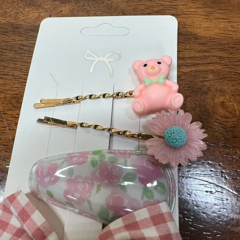 Hair pins fashion bear flower ribbon hair pin 4PC set Pink anime LA Comic Con